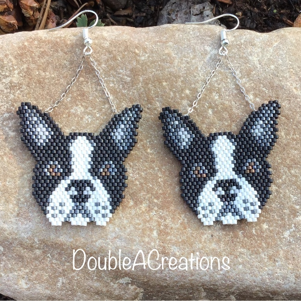 Boston Terrier Beaded Earrings Handmade By Me 48$